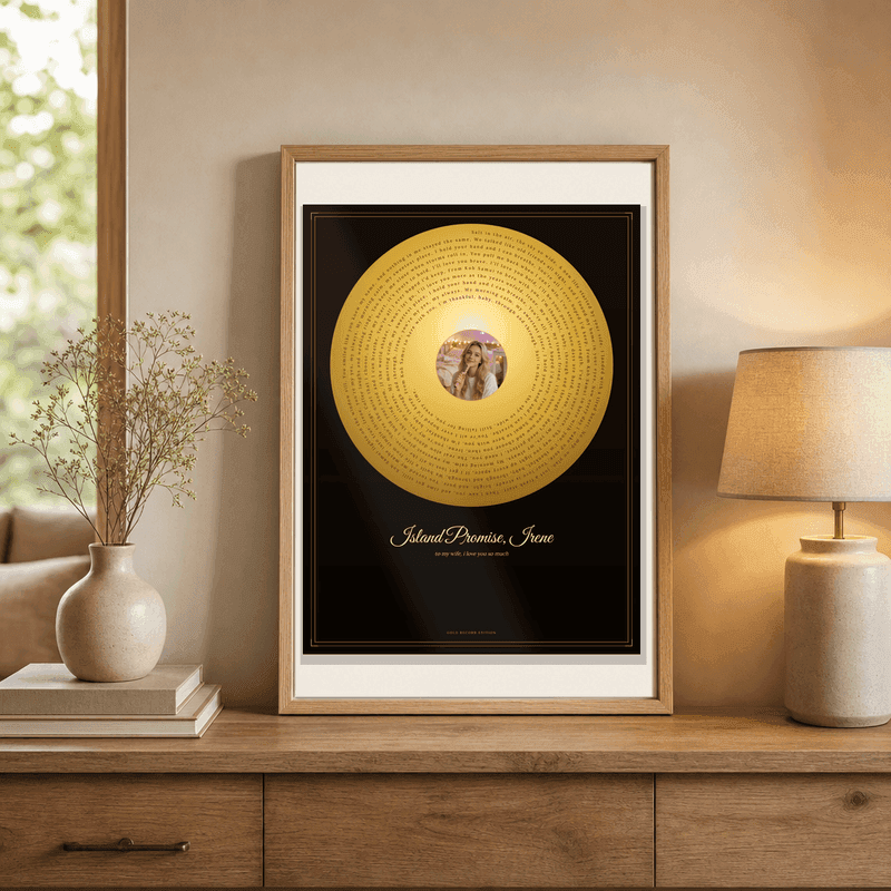 Golden record wall art print with personalised song lyrics